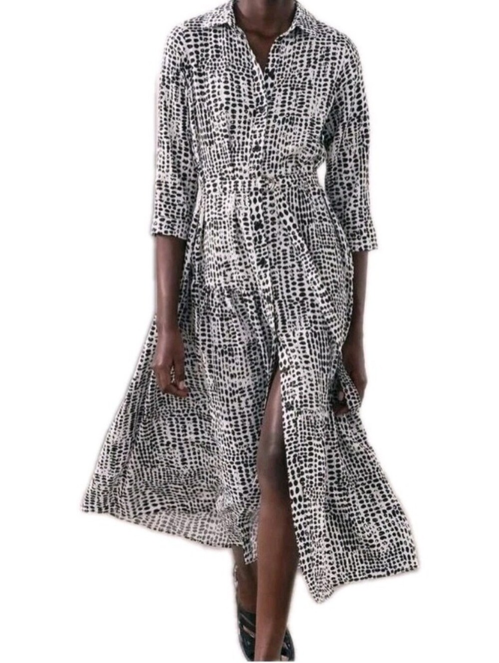 Zara Size Medium 3/4 Sleeve Black & White Print Midi Dress ZW COLLECTION